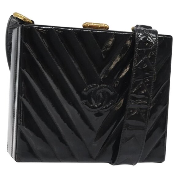 CHANEL V Stitch COCO Mark Shoulder Bag Patent leather Black Gold CC Auth 126704C - Picture 1 of 15